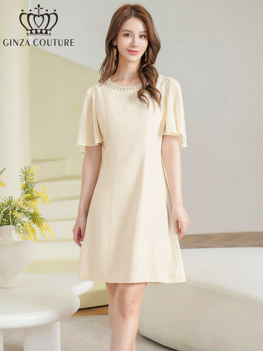 [GINZA COUTURE 銀座クチュール] 2color パール調ビジュー ラインストーン フレアスリーブ Aライン ミニドレス ワンピース アイボリー ブラック 結婚式 お食事会 C2987