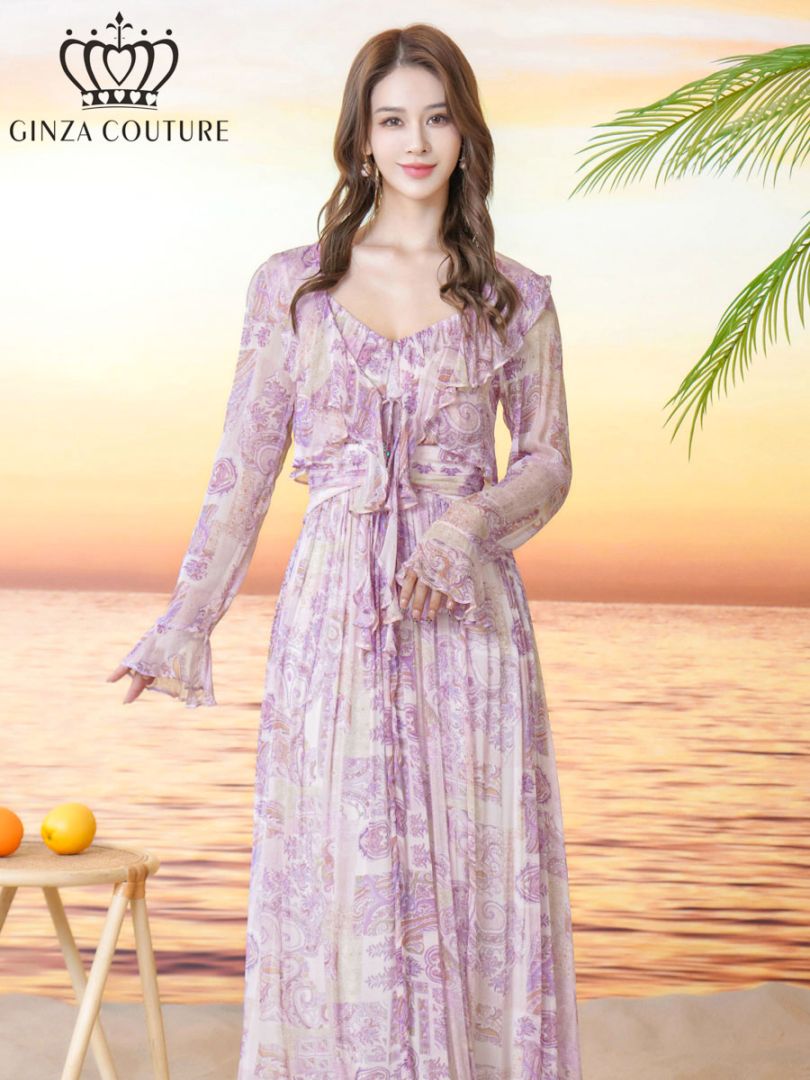 [GINZA COUTURE] 2color シフォン プリント フリル 長袖 ロングスリーブ シースルー 透け感 ショート丈 ボレロ 羽織り レイヤード セットアップ風 パープル イエロー パーティー 結婚式 披露宴 お食事会 撮影 ステージ 衣装 ナイトワーク キャバクラ 銀座クチュール LK C3037