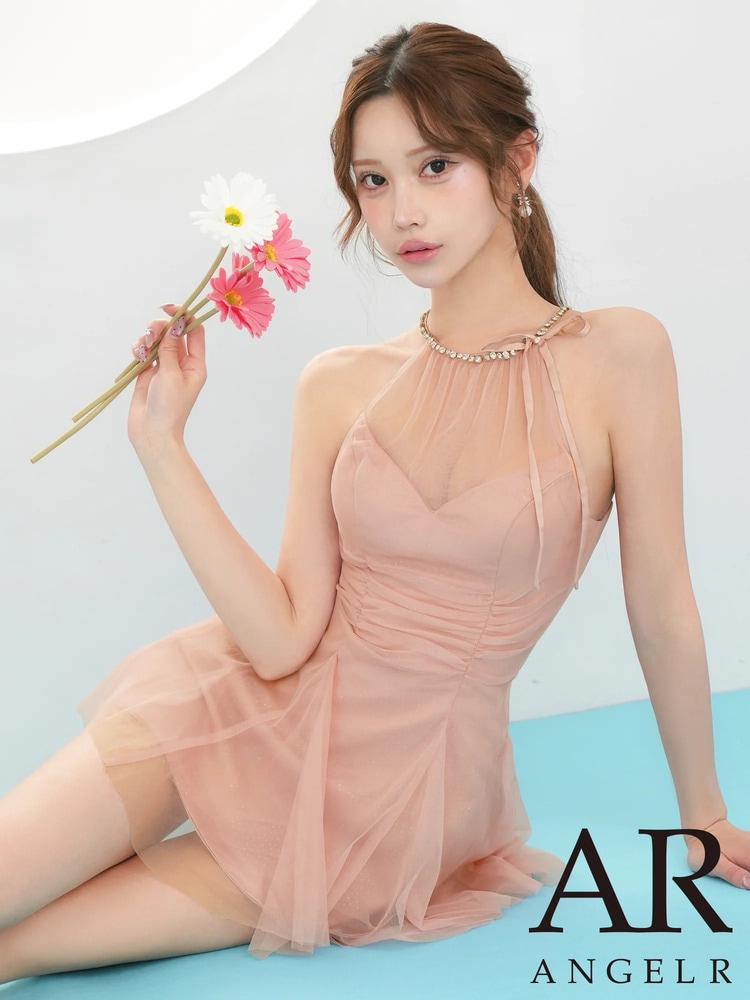 AngelR エンジェルアール キャバドレス キャバクラドレス ナイトドレス ミニドレス フレアドレス パーティードレス ホルターネック ビジュー シアー チュール リボン ラメ ストレッチ サテン ウエストギャザー マイクロミニ セクシー レディース ピンク アイボリー ブルー AR26847