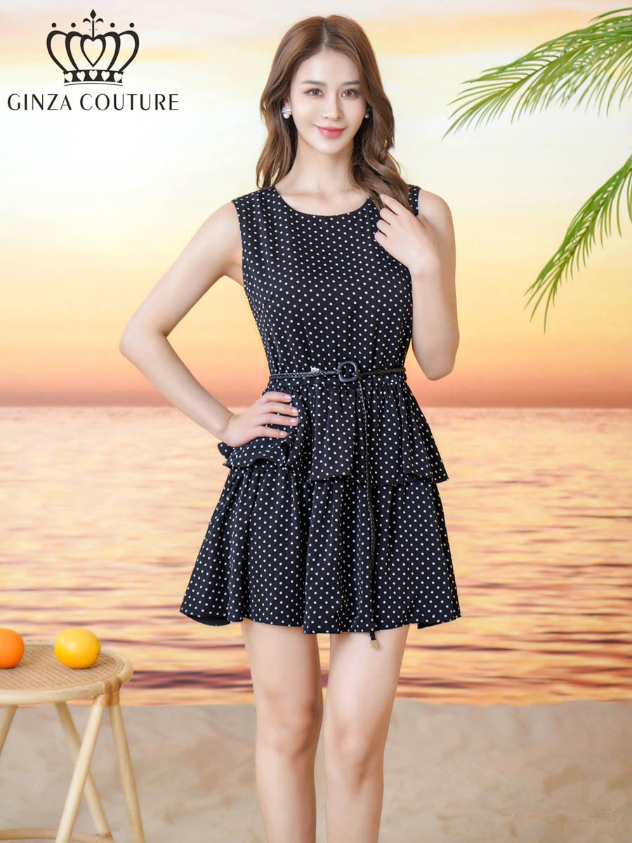 タダシショージ Amina Dress ティアード ワンピース ミニドレス GINZA COUTURE] 小粒ドット柄 ノースリーブ ベルト付き ティアード