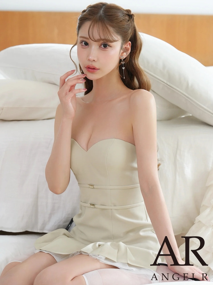 予約(8月上旬～8月中旬入荷予定)AngelR エンジェルアール キャバドレス キャバクラドレス ナイトドレス ミニドレス ベアトップ ハートカット ダブルベルト フレア チュールフリル マイクロミニドレス ベージュ ブラック ワインレッド AR26341