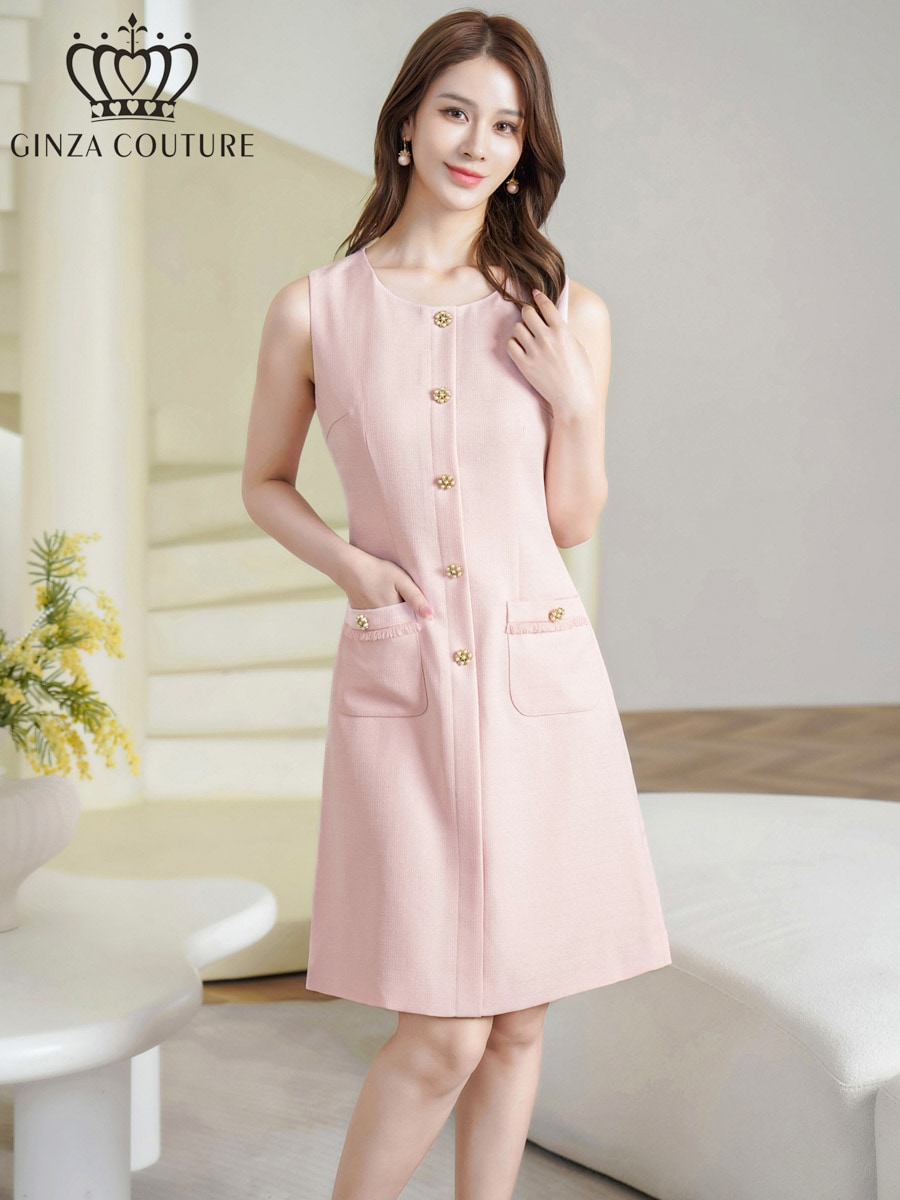 [GINZA COUTURE] 3color ツイード フリンジ ノースリーブ ビジューボタン ポケット 無地 シンプル Aライン ミニドレス ワンピース ピンク ホワイト イエロー 清楚 可愛い パーティー 結婚式 披露宴 お食事会 女子会 撮影 ナイトワーク キャバクラ 銀座クチュール LK C2903