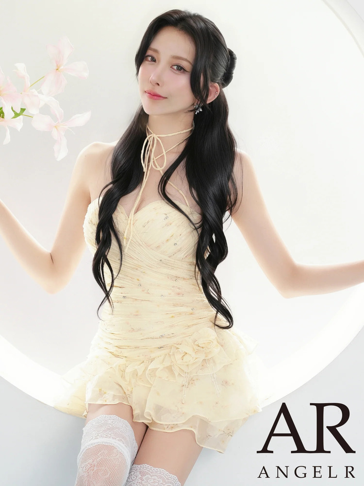 AngelR キャバドレス ミニドレス キャバクラドレス ナイトドレス ベアトップ ホルターネック ウエストカット フラワー ラメ シャーリング フリル フレア マイクロミニドレス AR26334