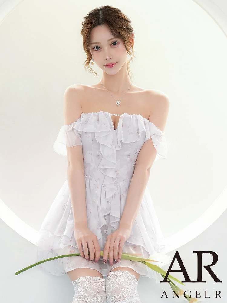 AngelR エンジェルアール キャバドレス キャバクラドレス ナイトドレス ミニドレス フレアドレス ベアトップ オフショルダー バストカット フラワー 花柄 シアー ラメ フリル フレア 肩紐付き 体型カバー 細見え 大人可愛い 上品 ナイトワーク キャバワンピース AR26848