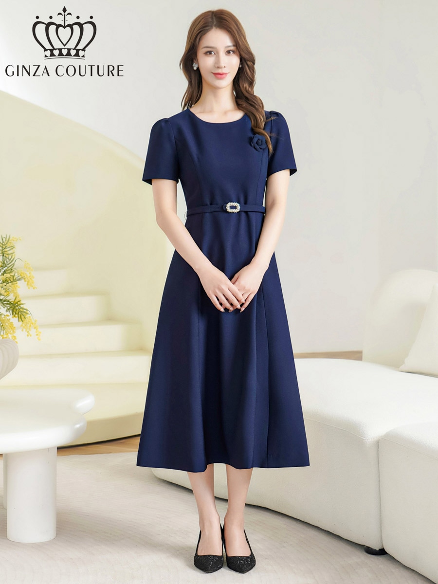 [GINZA COUTURE] 3color シンプル フラワーモチーフ 半袖 ベルト付き 無地 Aライン フレア ミディアムドレス ワンピース ネイビー アイボリー ピンク 清楚 上品 フォーマル パーティー 結婚式 披露宴 お食事会 女子会 撮影 ナイトワーク キャバクラ 銀座クチュール LK C3026
