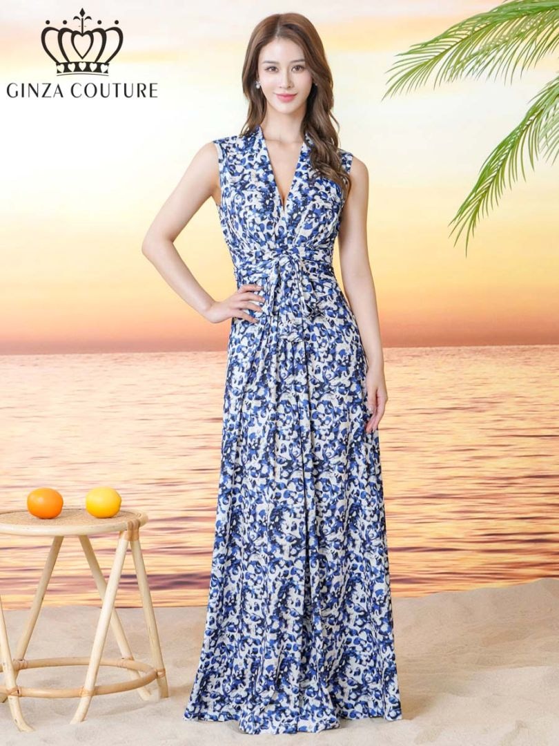 [GINZA COUTURE] プリント カシュクール Vネック ノースリーブ Aライン フレア マキシ丈 ロングドレス ワンピース ホワイト ブルー 清楚 リゾート お出かけ 結婚式 披露宴 女子会 お食事会 発表会 演奏会 ステージ ナイトワーク キャバクラ 銀座クチュール ERUKEI C26045