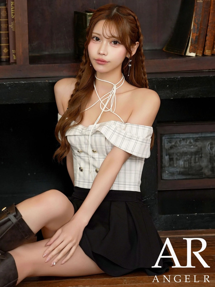 AngelR エンジェルアール チェック柄オフショルダー2段フレアセパレートミニドレス AR26861