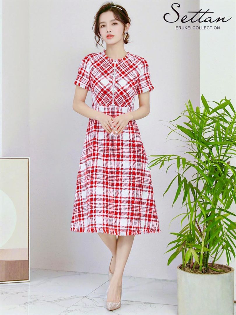 [SETTAN] 3color ツイード チェック ショートスリーブ 半袖 フリンジ フロントジップ ウエスト切替 Aライン ミディアムドレス ワンピース レッド ピンク ブラック 上品 お食事会 デート 会社 パーティ 結婚式 ナイトワーク キャバ 雪丹 セッタン エルケイ ERUKEI LK S33126