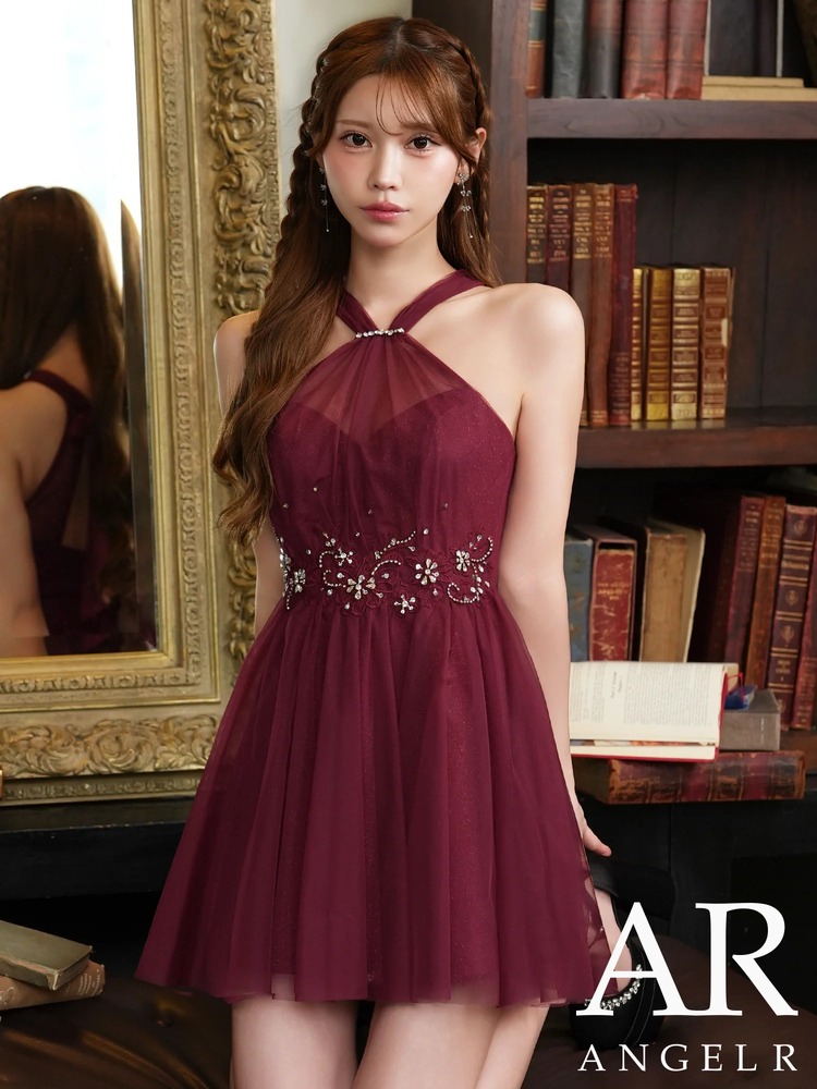 【AngelR】4color ホルターネック バストシアー ハートカット フラワービジュー 刺繍レース チュール フレア マイクロミニドレス AR26864