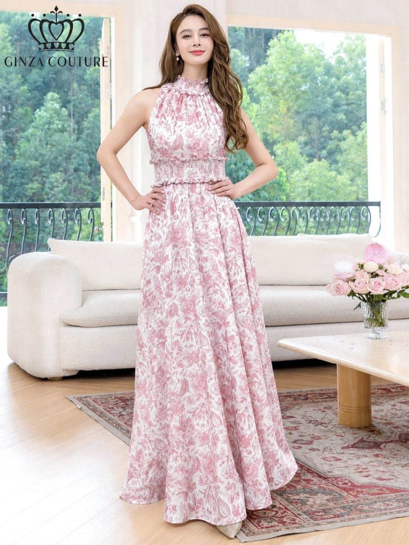 [GINZA COUTURE] 2color 花柄 アメリカンスリーブ サテン 首元フリル ウエストリブ Aライン フレア ロングドレス ワンピース ホワイト ピンク ブルー 結婚式 披露宴 女子会 お食事会 パーティ 演奏会 衣装 キャバドレス 雪丹 銀座クチュール エルケイ ERUKEI LK C38165