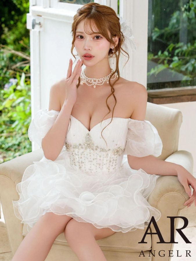 予約(9月中旬～9月下旬入荷予定)【AngelR】4color 2WAY ベアトップ ハートカット パフスリーブ ウエストビジュー オーガンジーフリル フレア ミニドレス AR26350