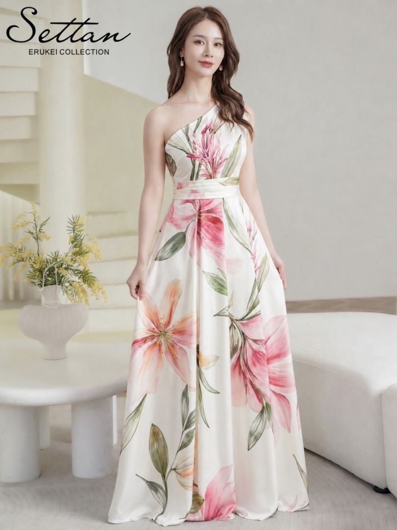 [SETTAN] 花柄プリント ワンショルダー Aライン ロングドレス 結婚式 パーティ 発表会 演奏会 撮影 S26094
