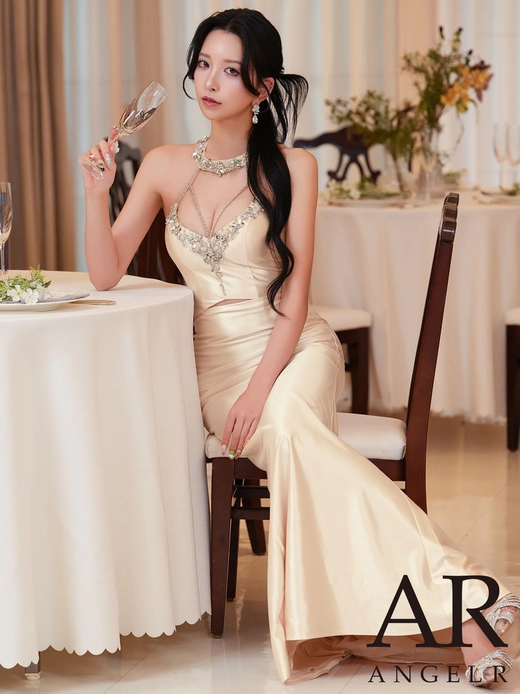 [AngelR] 4color ビーズ シアーメッシュ カットアウト タイト ロングドレス キャバドレス AR26874