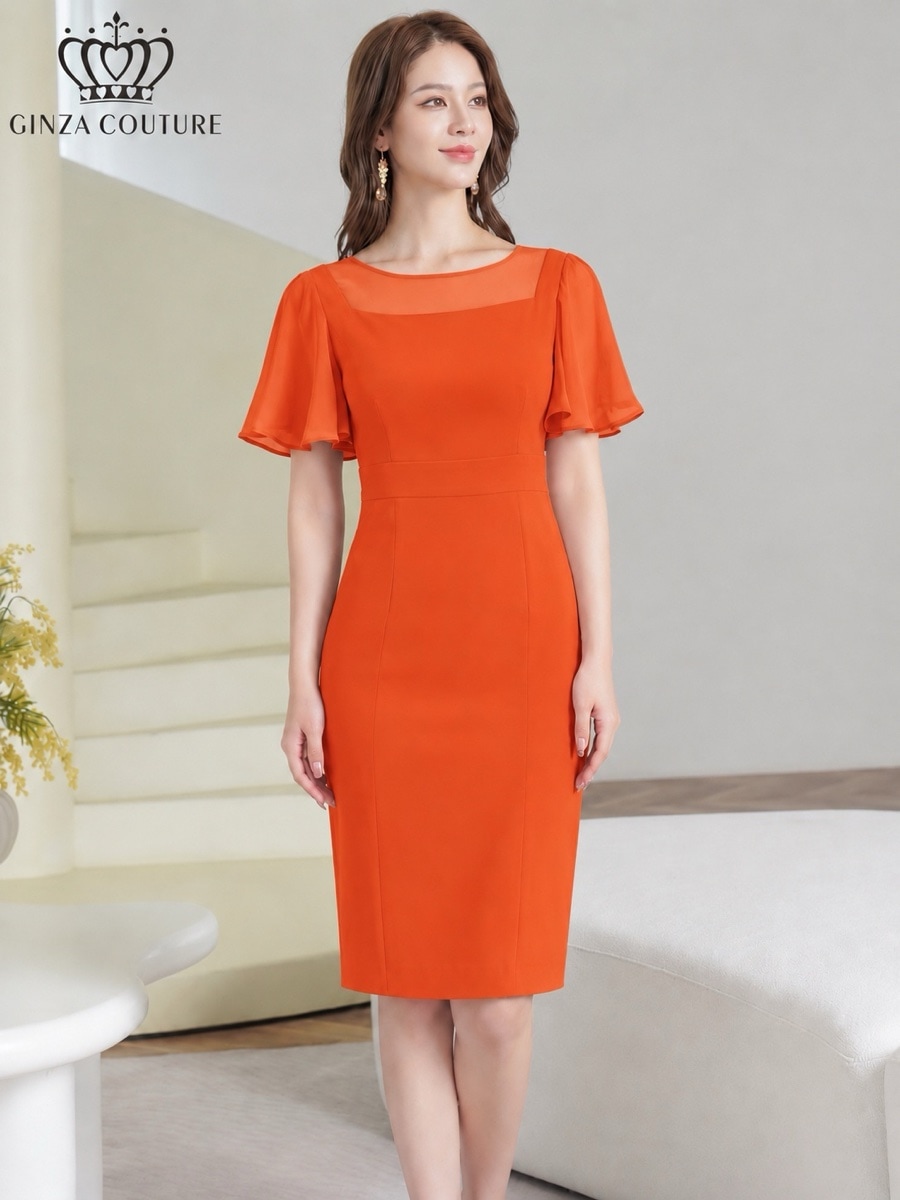 [GINZA COUTURE] 3color フレアスリーブ シアー タイト シンプル ミディアムドレス 結婚式 お食事会 発表会 演奏会 C25300