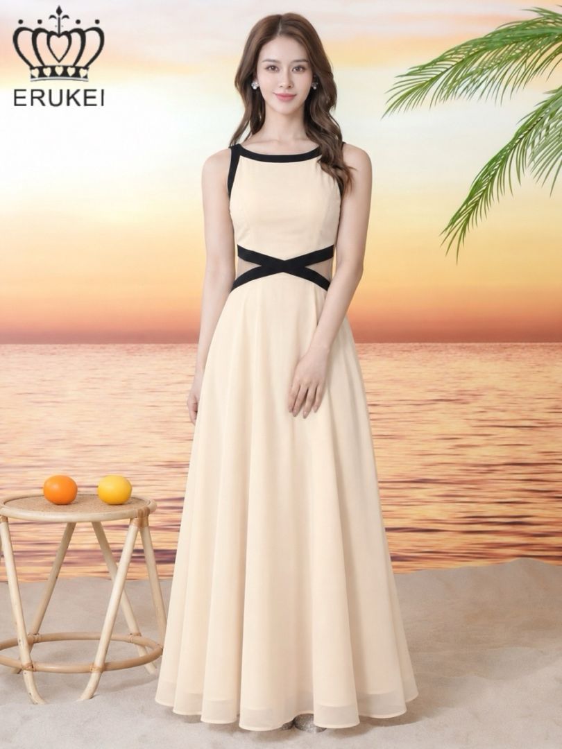 ERUKEI バイカラー シフォン カットアウト メッシュ フレア Aライン ロングドレス ベージュ×ブラック E26115