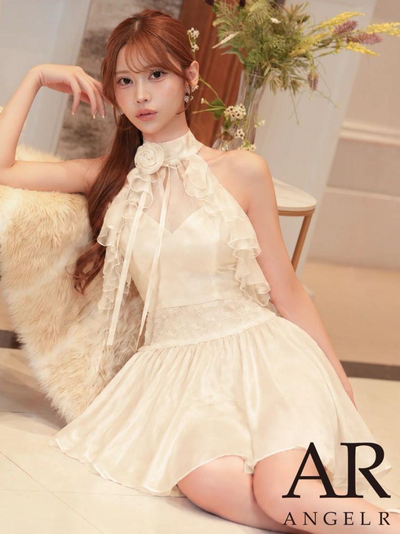予約(10月中旬～下旬入荷予定)[AngelR] 3color ホルターネック シアーフリル ローズ フレア セパレート マイクロミニドレス キャバドレス AR26876