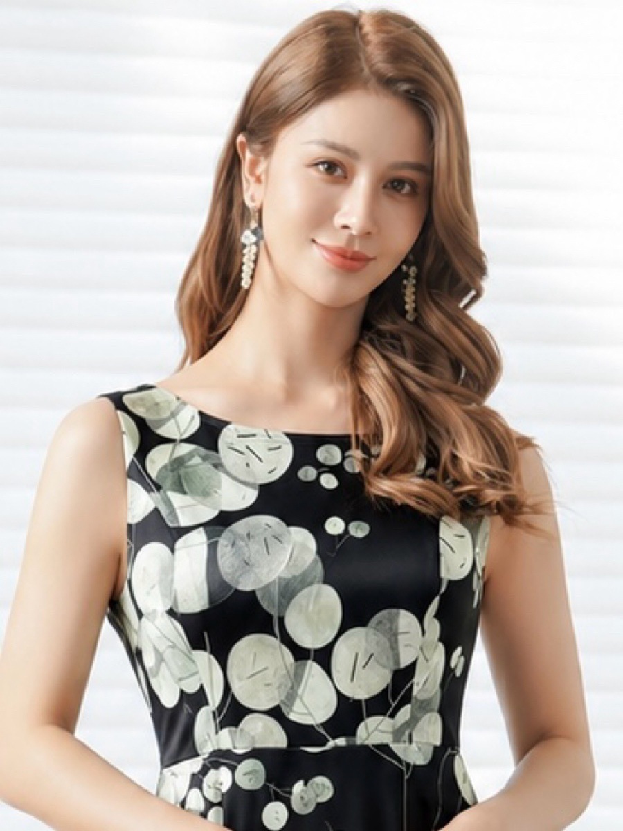 [GINZA COUTURE] リーフ柄プリント ボートネック ウエスト切替 Aライン ミディアムワンピース お食事会 結婚式 発表会 ビジネス C26074