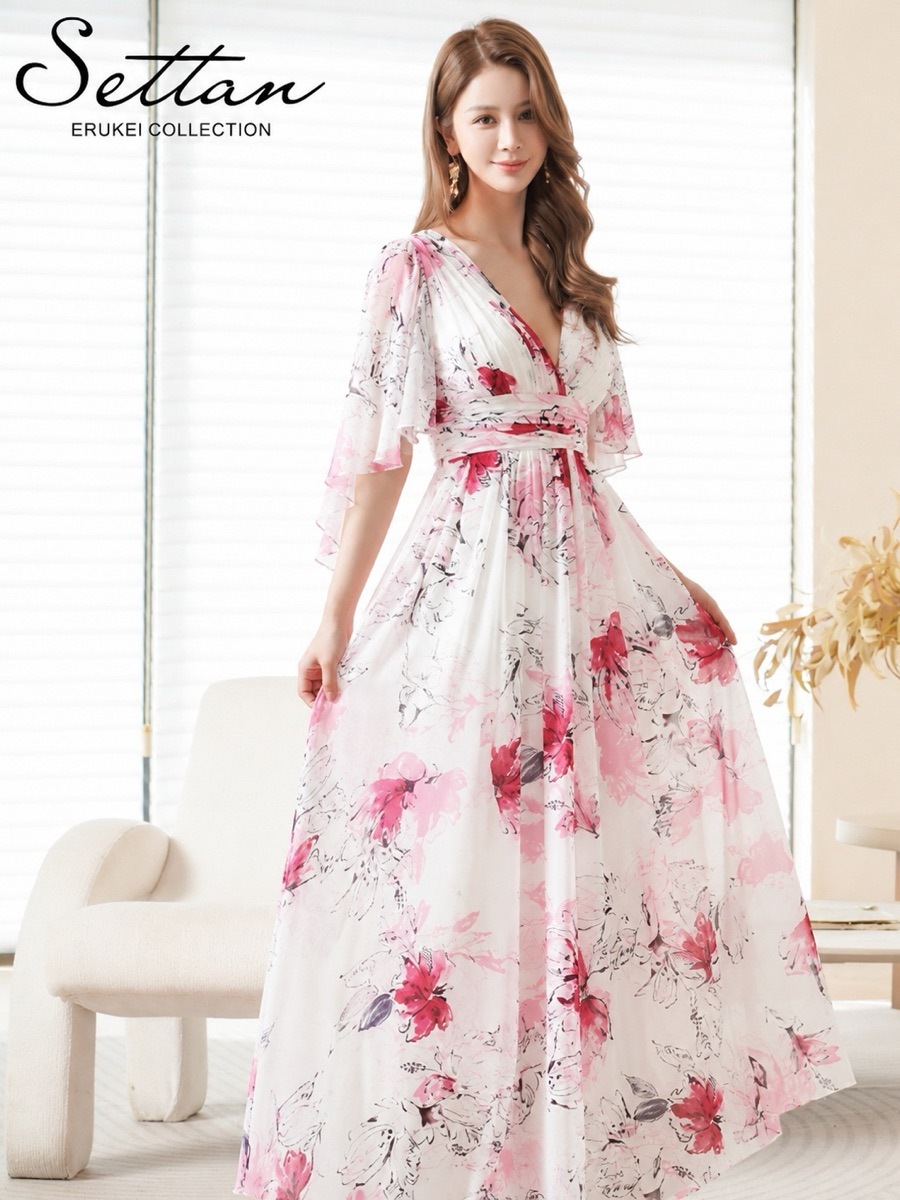 [SETTAN] カシュクール 花柄プリント シアー ハーフスリーブ Aライン ロングドレス 結婚式 お食事会 発表会 演奏会 撮影 S37121