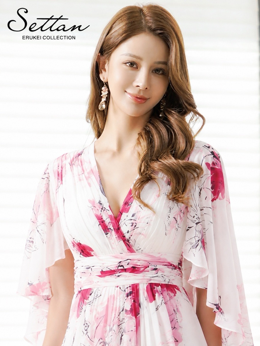 [SETTAN] カシュクール 花柄プリント シアー ハーフスリーブ Aライン ロングドレス 結婚式 お食事会 発表会 演奏会 撮影 S37121