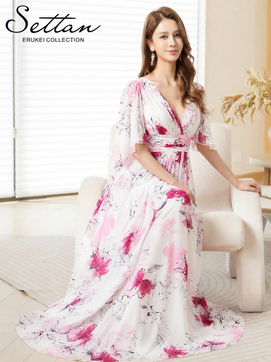 [SETTAN] カシュクール 花柄プリント シアー ハーフスリーブ Aライン ロングドレス 結婚式 お食事会 発表会 演奏会 撮影 S37121