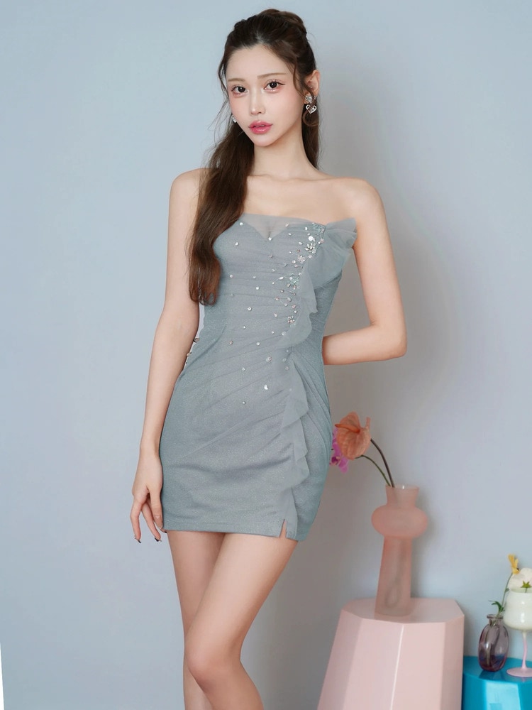 再入荷[AngelR] 4color ビジュー チュール ドレープ バストVカット ベアトップ 2way タイト マイクロミニドレス ワンピース ブラック ベージュ ブルー ピンク キャバドレス ナイトドレス AR26823