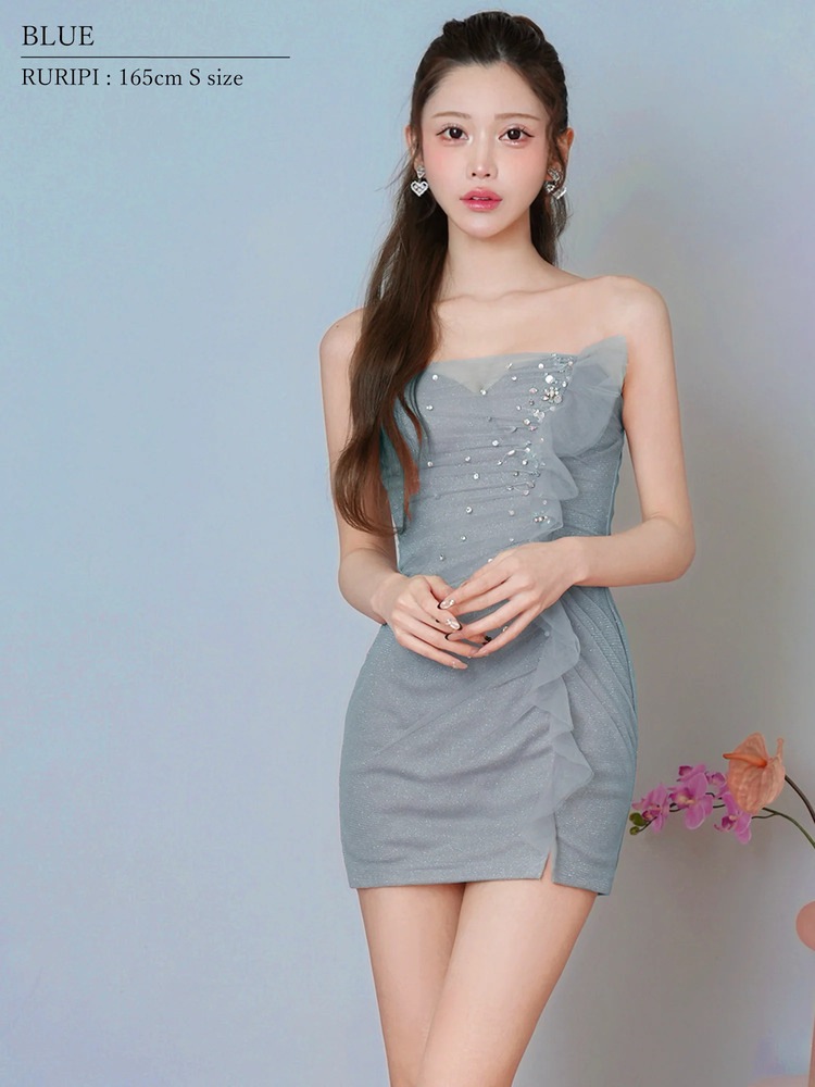 再入荷[AngelR] 4color ビジュー チュール ドレープ バストVカット ベアトップ 2way タイト マイクロミニドレス ワンピース ブラック ベージュ ブルー ピンク キャバドレス ナイトドレス AR26823