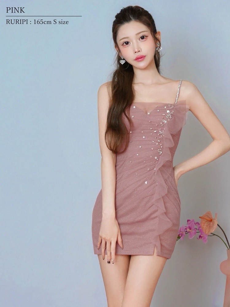 再入荷[AngelR] 4color ビジュー チュール ドレープ バストVカット ベアトップ 2way タイト マイクロミニドレス ワンピース ブラック ベージュ ブルー ピンク キャバドレス ナイトドレス AR26823
