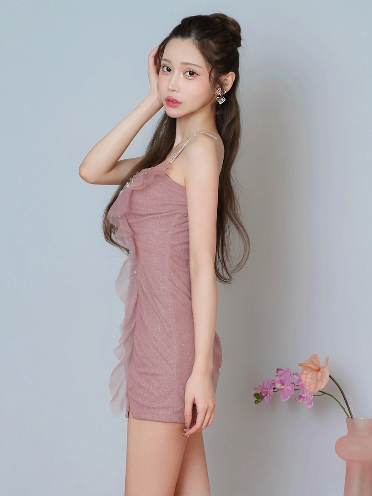 再入荷[AngelR] 4color ビジュー チュール ドレープ バストVカット ベアトップ 2way タイト マイクロミニドレス ワンピース ブラック ベージュ ブルー ピンク キャバドレス ナイトドレス AR26823