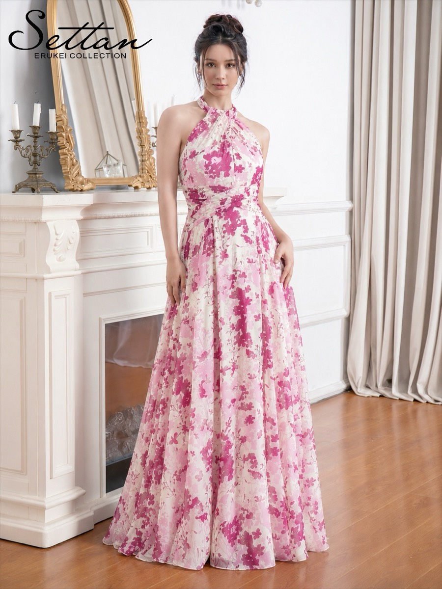 [SETTAN] ホルターネック 花柄 シフォン ウエストクロス フロントスリット Aライン ロングドレス 結婚式 パーティ 発表会 演奏会 撮影 S37917
