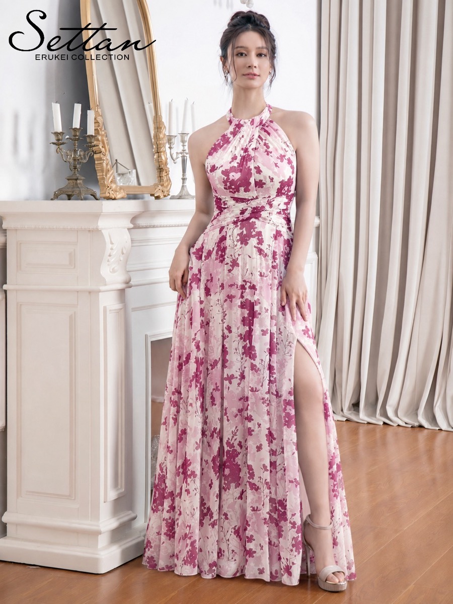 [SETTAN] ホルターネック 花柄 シフォン ウエストクロス フロントスリット Aライン ロングドレス 結婚式 パーティ 発表会 演奏会 撮影 S37917
