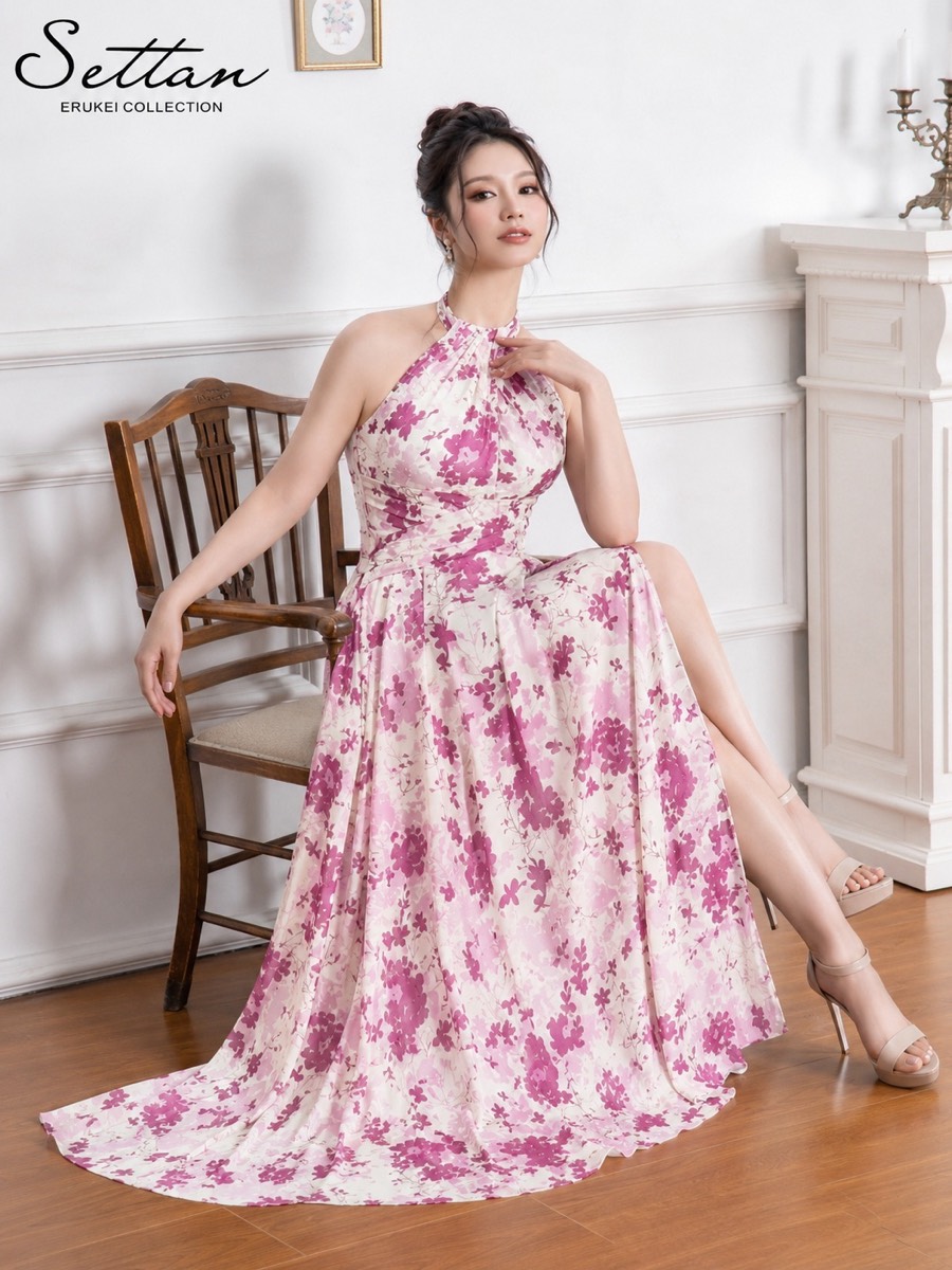 [SETTAN] ホルターネック 花柄 シフォン ウエストクロス フロントスリット Aライン ロングドレス 結婚式 パーティ 発表会 演奏会 撮影 S37917