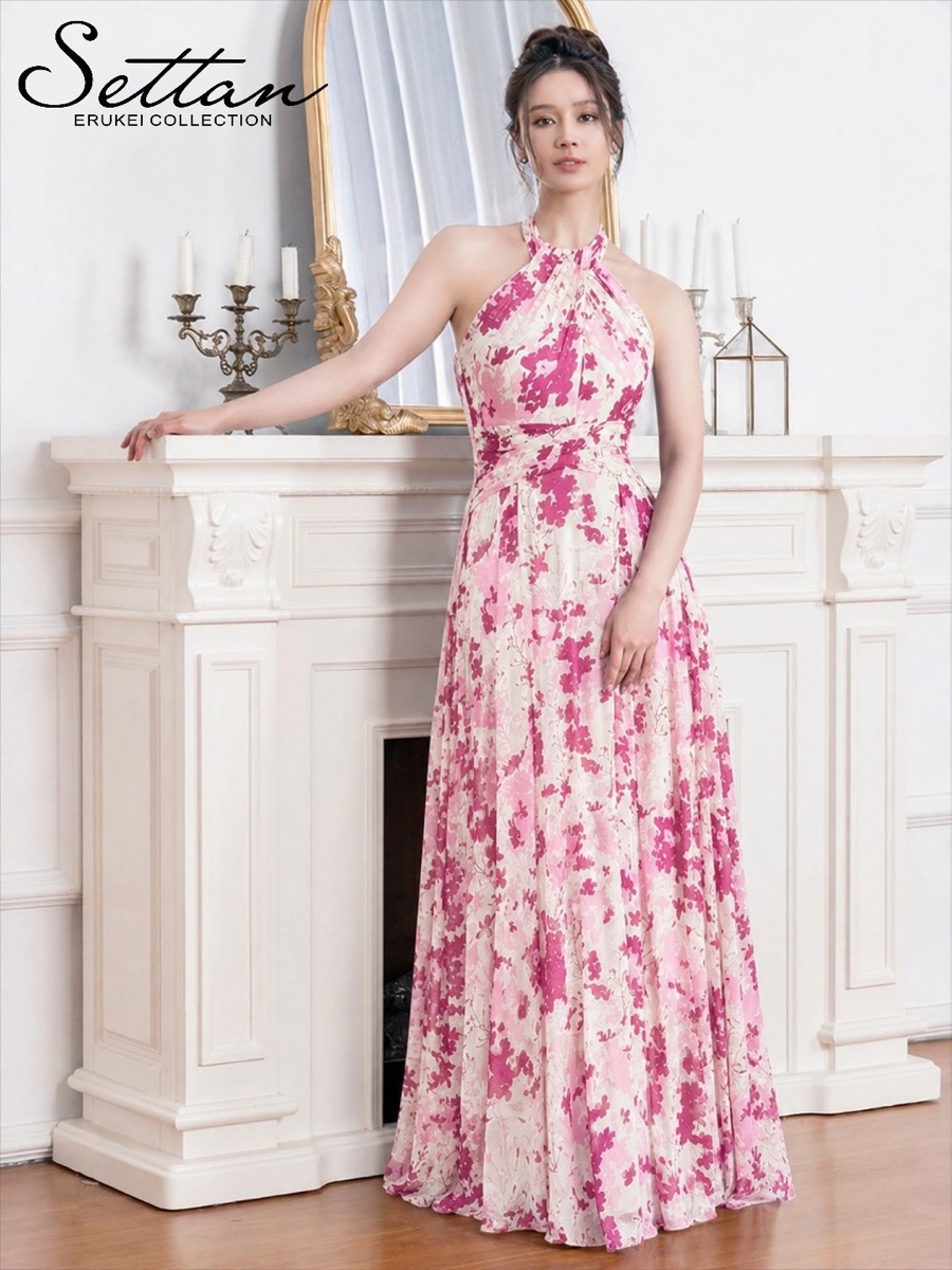 [SETTAN] ホルターネック 花柄 シフォン ウエストクロス フロントスリット Aライン ロングドレス 結婚式 パーティ 発表会 演奏会 撮影 S37917