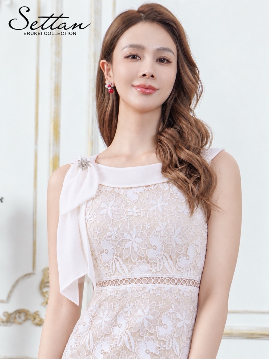 [SETTAN] リボン 花柄レース 丸襟 ボートネック タイト ミディアムドレス 結婚式 お食事会 発表会 演奏会 S25057