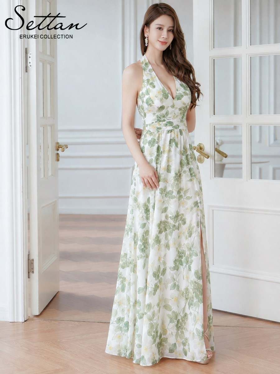 [SETTAN] ホルターネック 花柄 シフォン ウエストマーク フロントスリット Aライン ロングドレス 結婚式 パーティ 発表会 演奏会 撮影 S26065