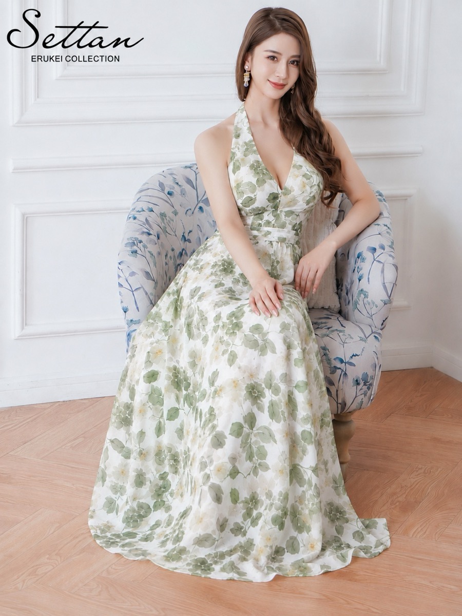 [SETTAN] ホルターネック 花柄 シフォン ウエストマーク フロントスリット Aライン ロングドレス 結婚式 パーティ 発表会 演奏会 撮影 S26065