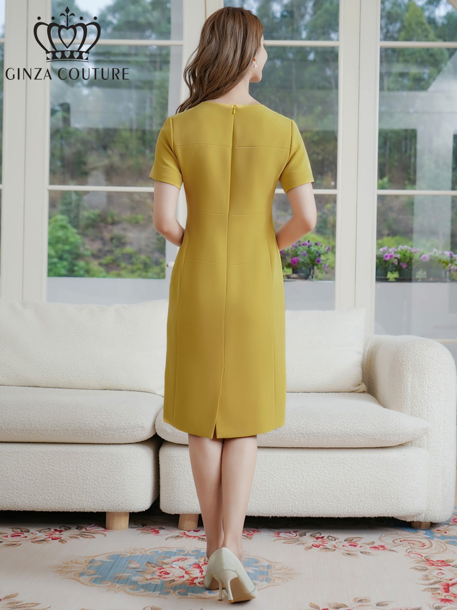[GINZA COUTURE] 2color シンプル 半袖 無地 切替デザイン タイト 膝丈 ミディアムドレス ワンピース ブルー エレガント モダン シック キュート フォーマル デート ビジネス 女子会 大きいサイズ 衣装 入園式 入学式 LK エルケイドレス C24146