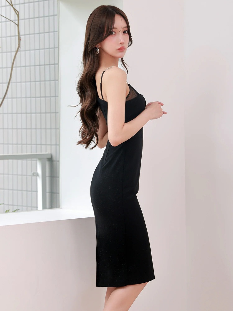 【Veautt】4color アシンメトリーシアー ビジューストラップ スリット タイト ミディアムドレス VT032614
