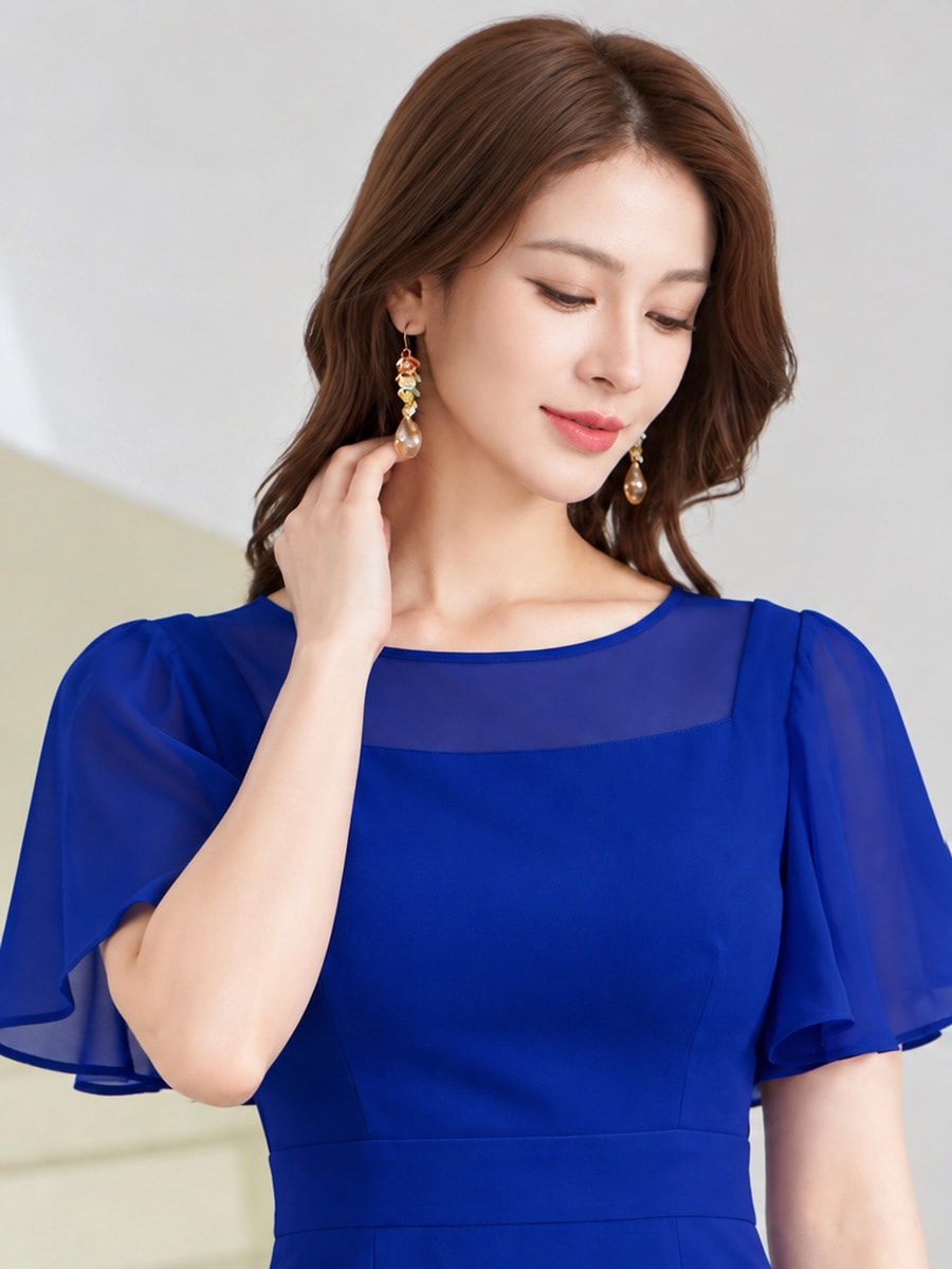 [GINZA COUTURE] 3color フレアスリーブ シアー タイト シンプル ミディアムドレス 結婚式 お食事会 発表会 演奏会 C25300