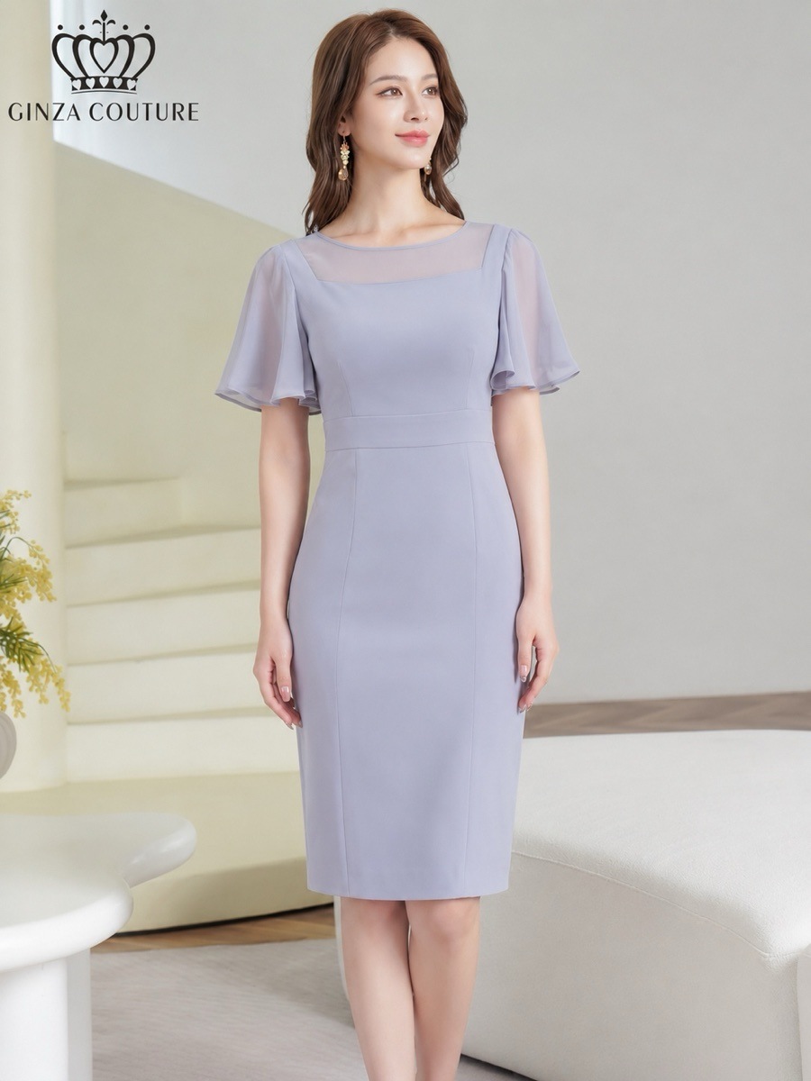 [GINZA COUTURE] 3color フレアスリーブ シアー タイト シンプル ミディアムドレス 結婚式 お食事会 発表会 演奏会 C25300