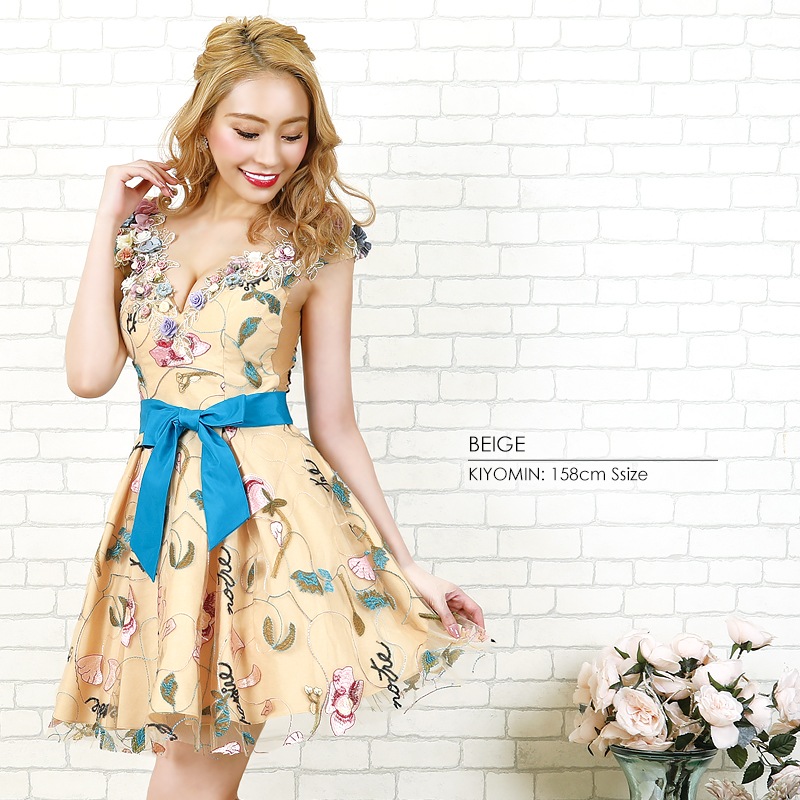 AngelR ウエストリボンフラワーフレアミニドレス 人気キャバドレス  