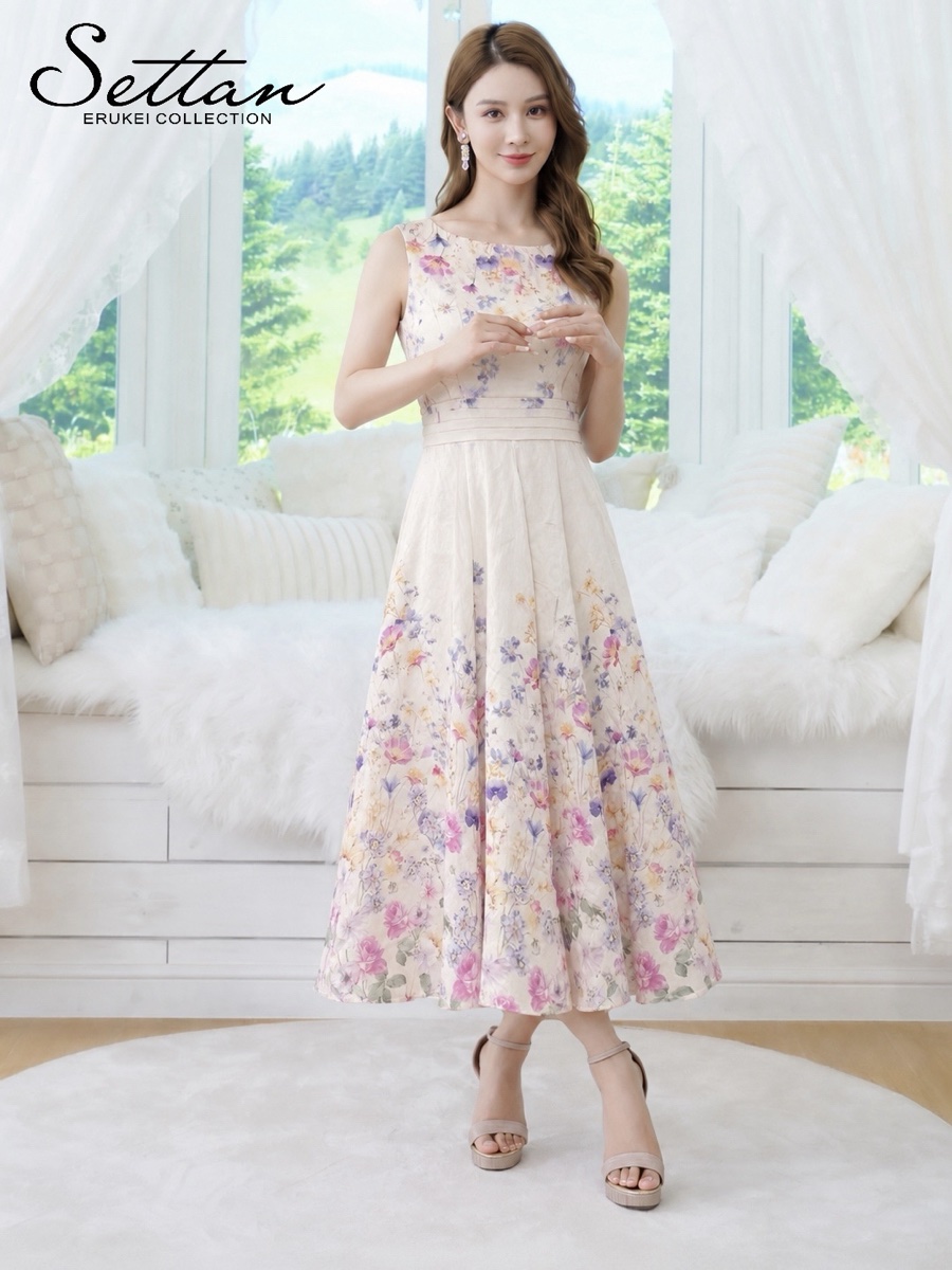 [SETTAN] 花柄プリント ボートネック ウエストタック Aライン ミディアムドレス 結婚式 お食事会 発表会 演奏会 ナイトドレス S26166