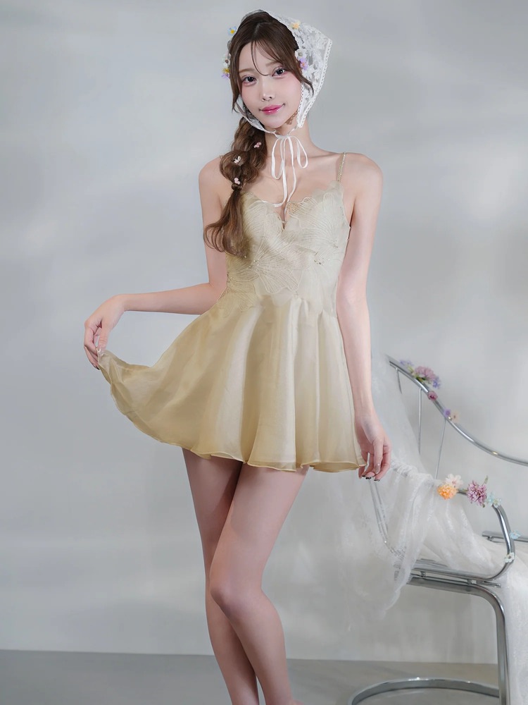 再入荷[AngelR] 4color アッパーフラワーレース ビジュー フレア マイクロミニドレス ワンピース ホワイト ベージュ ピンク ブルー キャバドレス ラウンジ クラブ パーティー バースデー 撮影 衣装 AR26321