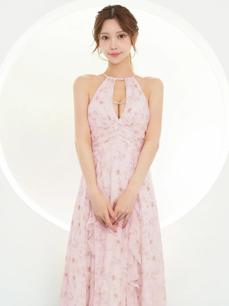 AngelR] AR26339 花柄シフォン ホルターネック バストカット フリル