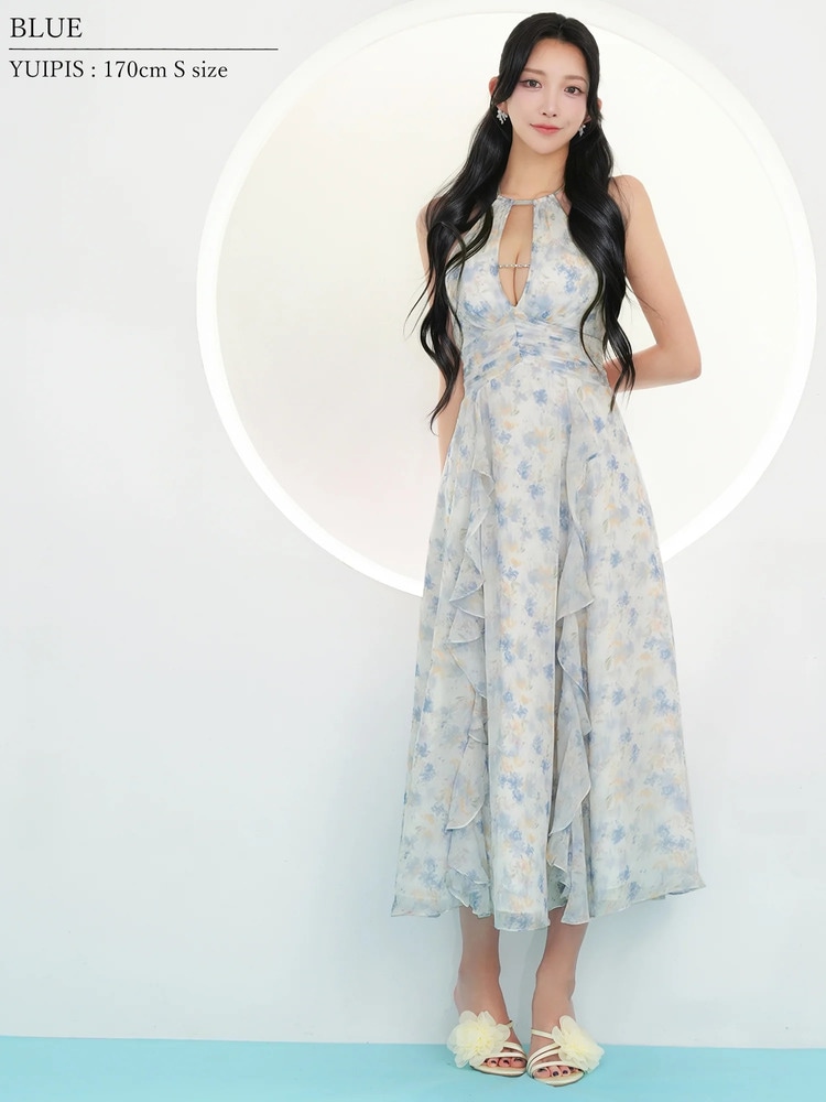 AngelR] AR26339 花柄シフォン ホルターネック バストカット フリル