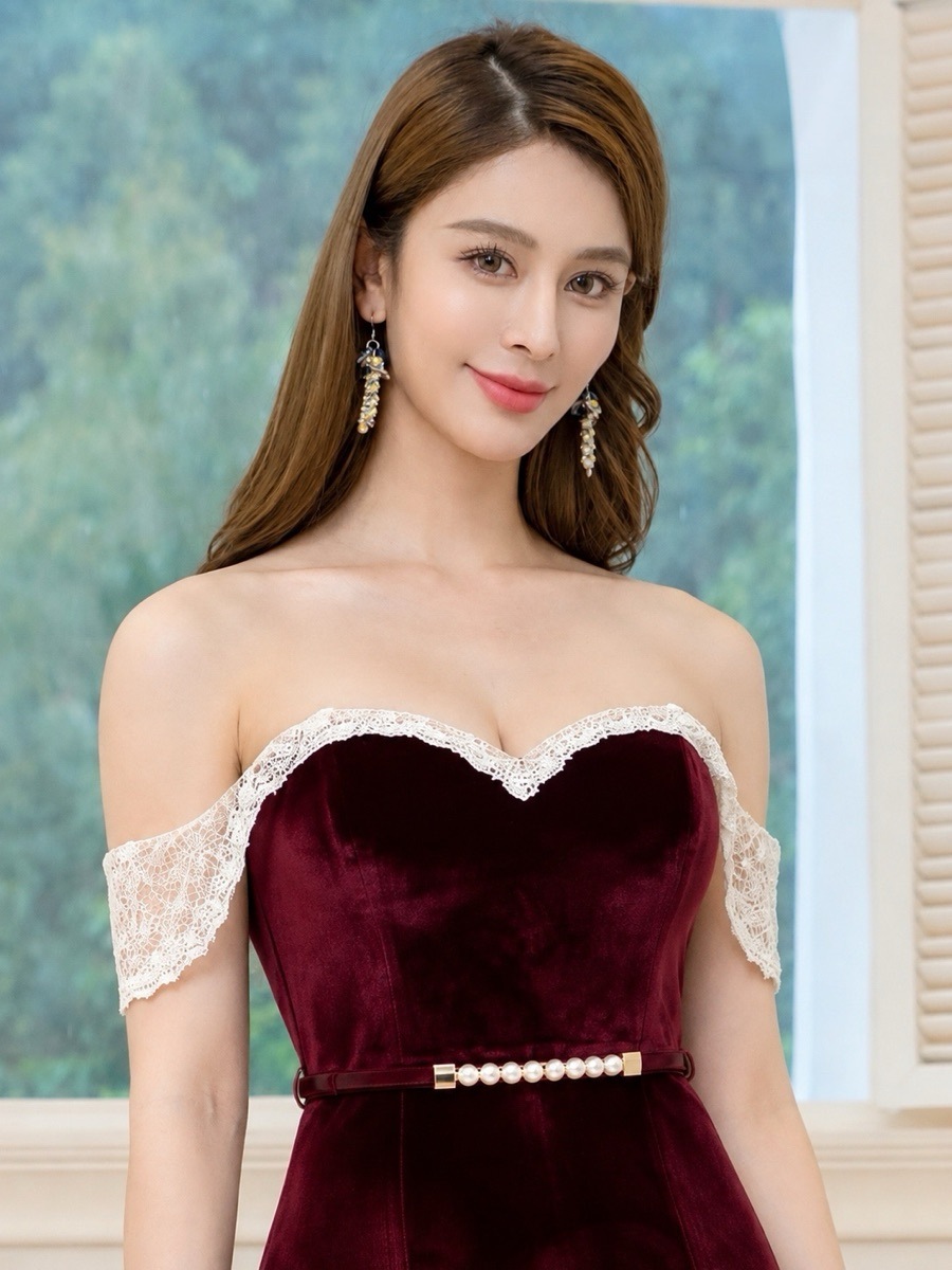 [SETTAN] フロッキー オフショルダー パール ベルト タイト スリット ミディアムドレス ワンピース 結婚式 お食事会 ナイトドレス S25311