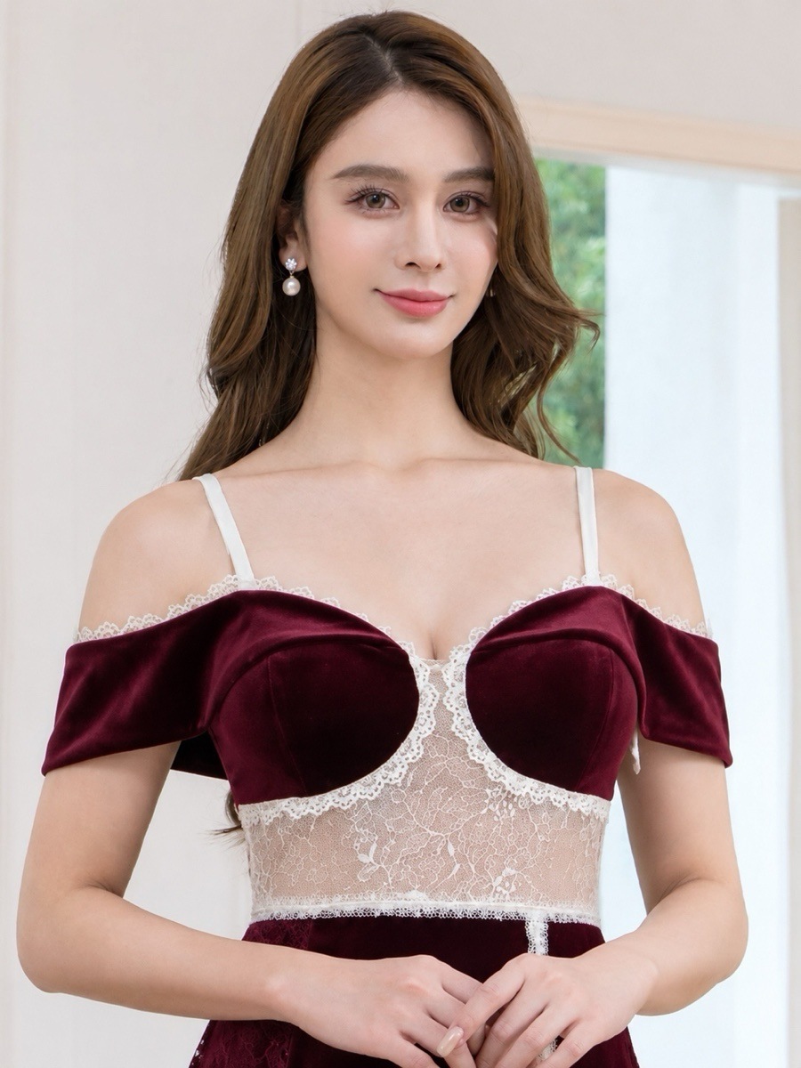 [SETTAN] フロッキー レース オフショルダー パール ラインストーン タイト スリット ミディアムドレス ワンピース 結婚式 お食事会 ナイトドレス S25312