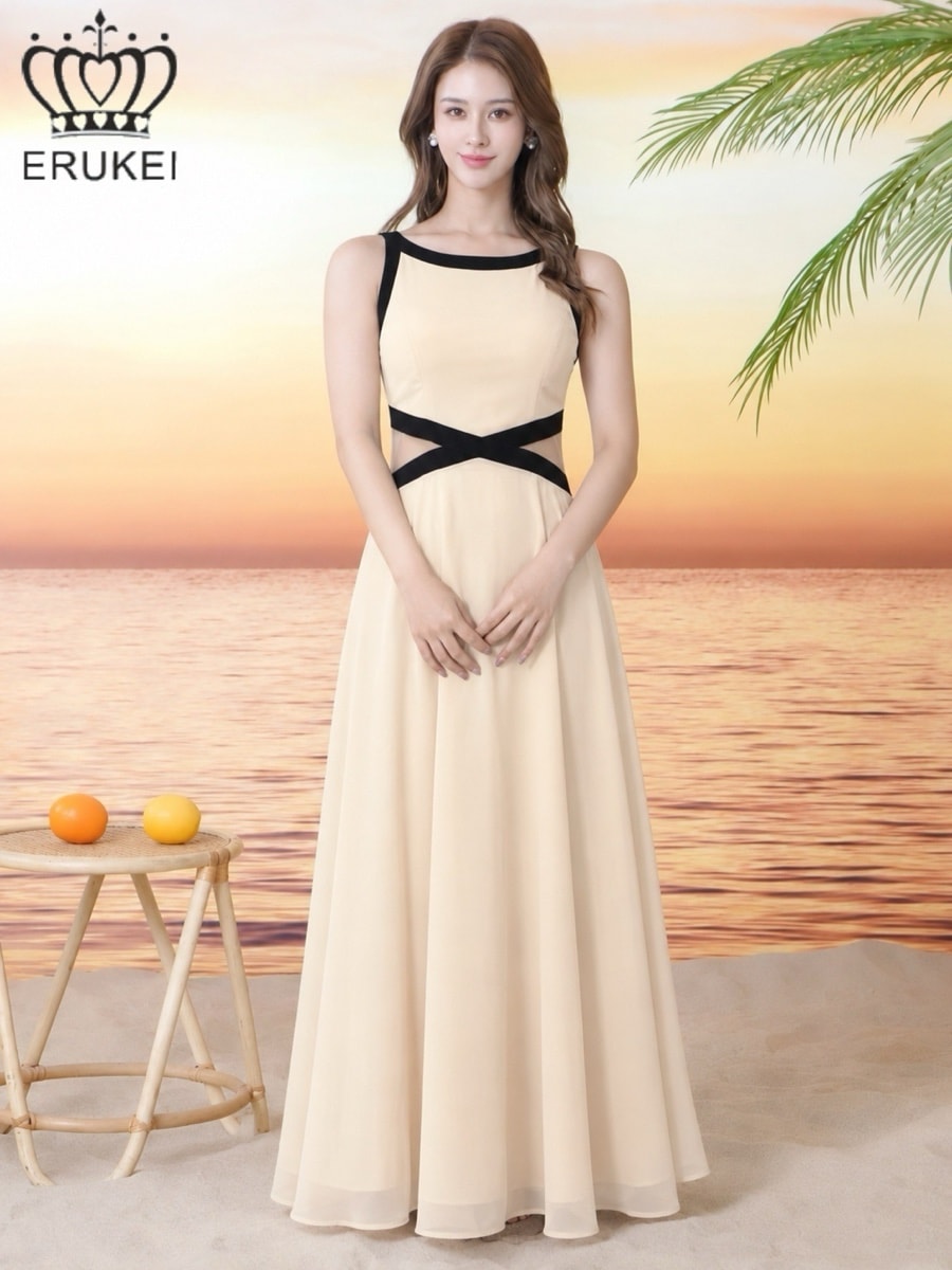 ERUKEI バイカラー シフォン カットアウト メッシュ フレア Aライン ロングドレス ベージュ×ブラック E26115