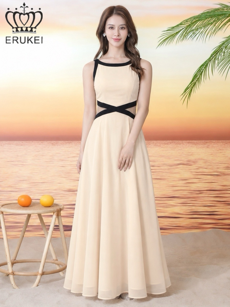 ERUKEI バイカラー シフォン カットアウト メッシュ フレア Aライン ロングドレス ベージュ×ブラック E26115
