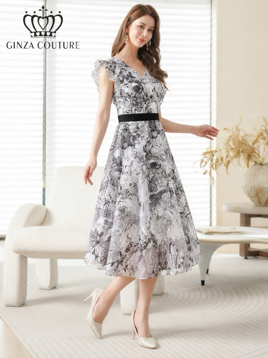 GINZA COUTURE 2color トワルドジュイ Vネック フリルスリーブ Aライン フレア ミディアムドレス ネイビー ブラック G26135