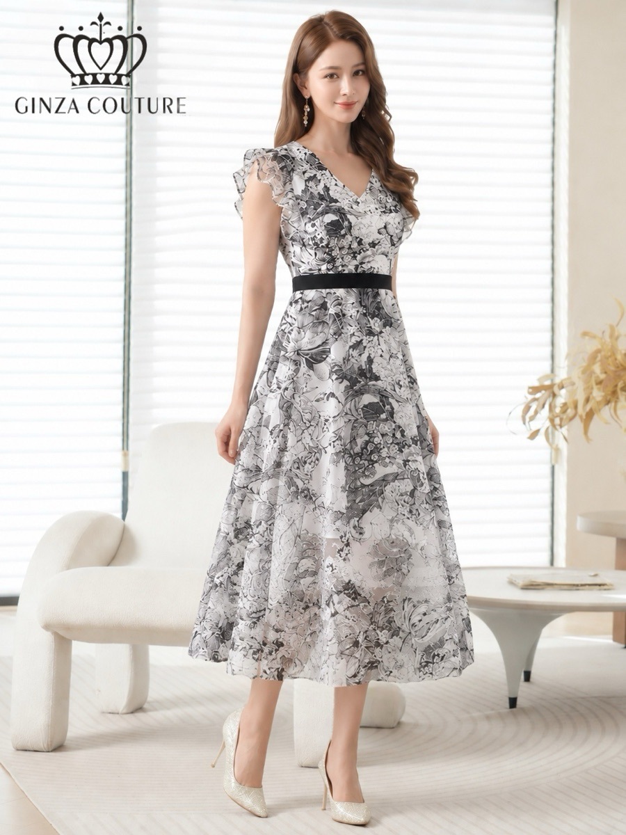 GINZA COUTURE 2color トワルドジュイ Vネック フリルスリーブ Aライン フレア ミディアムドレス ネイビー ブラック G26135